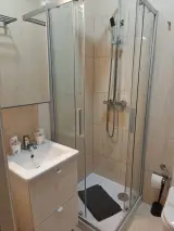 En-suite bathroom with glass shower enclosure, wash basin on a vanity unit and mirrored cabinet